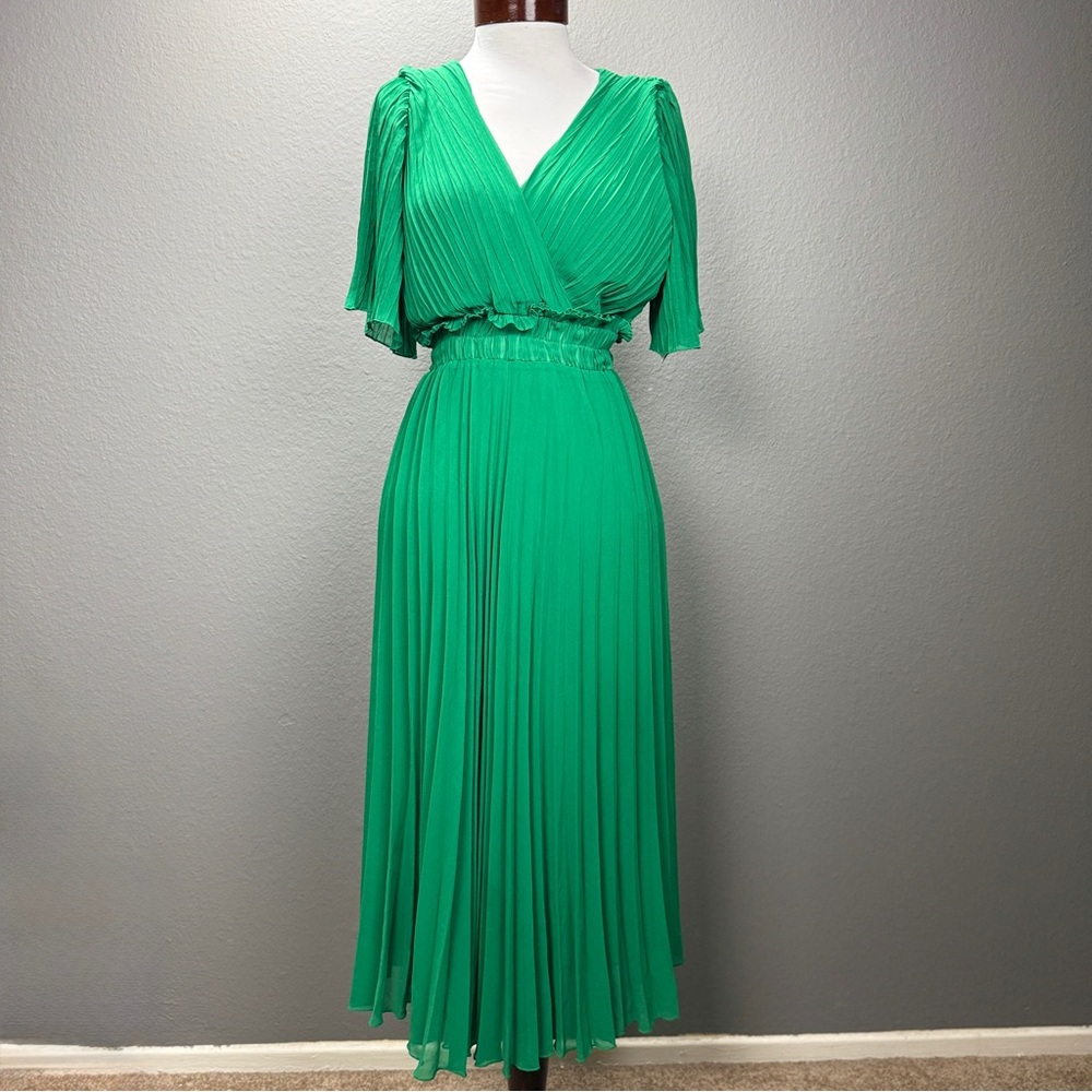 Zara Green V-neck Pleated Pull over Midi Dress Sz XS Flowing Party